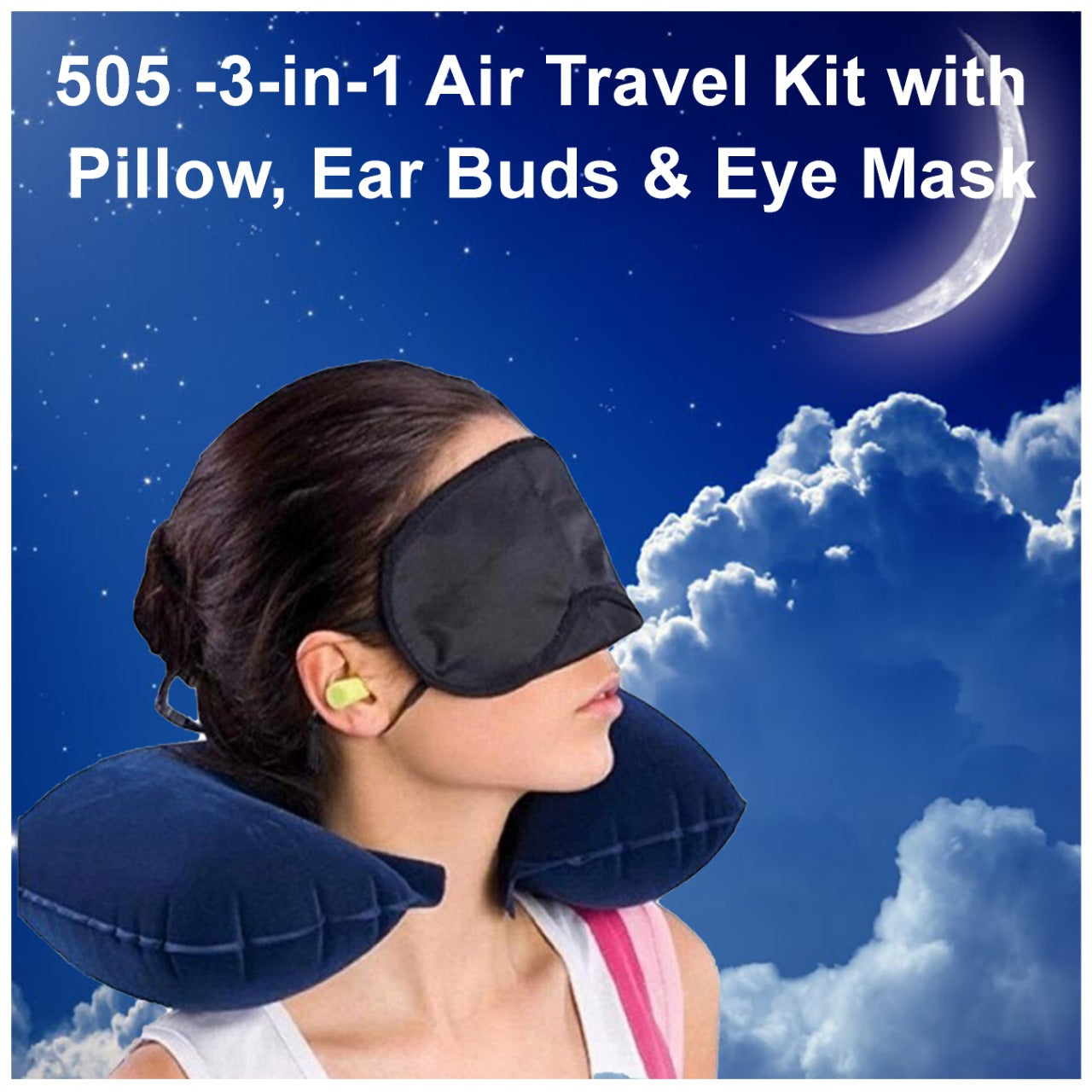 505 -3-in-1 Air Travel Kit with Pillow, Ear Buds & Eye Mask Sai Krupa Emart WITH BZ LOGO
